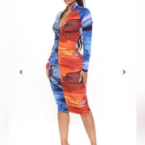 Fashion Nova Vibrant Blue and Orange Long Sleeve Dress